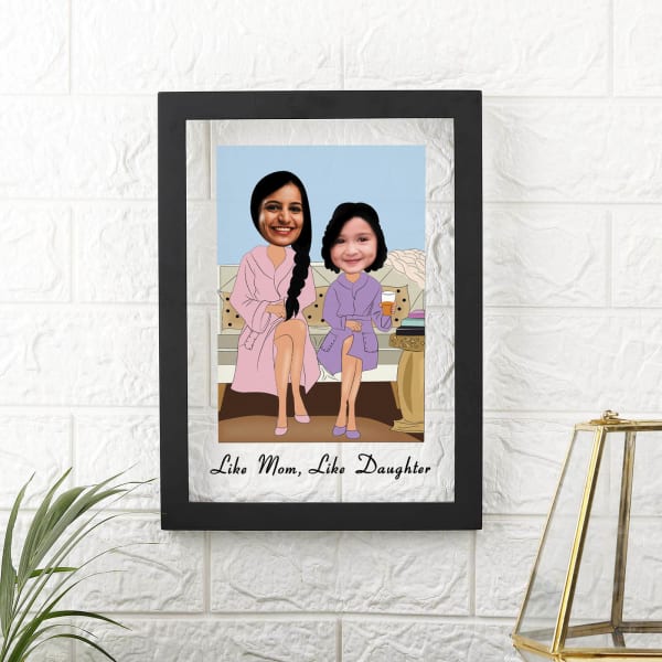 Personalized Wooden Caricature Photo Frame for Mom & Daughter