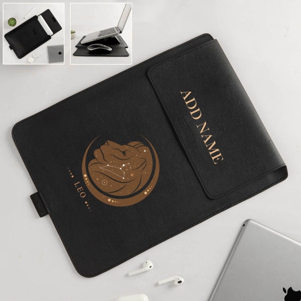 Personalized Zodiac Themed Laptop Sleeve And Stand - Black - Leo