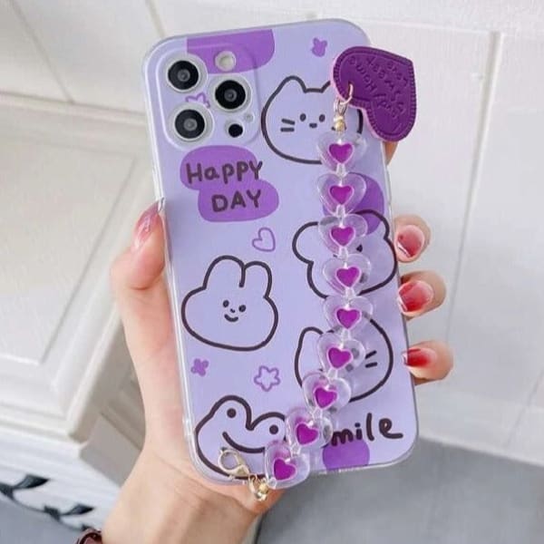 Phone Case With Wrist Strap Chain - Cute Cartoon - Purple Heart - Single Piece