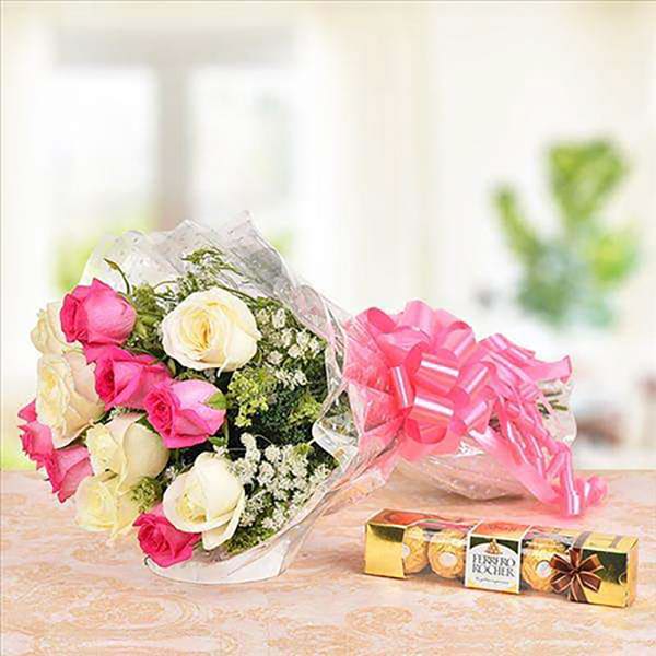 PINK AND WHITE ROSES AND FERRERO CHOCOLATES