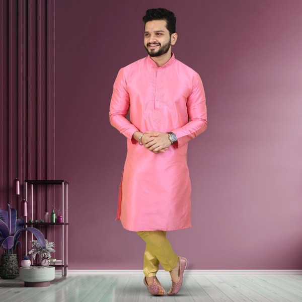 Pink Art Silk Kurta Pant Set for Men