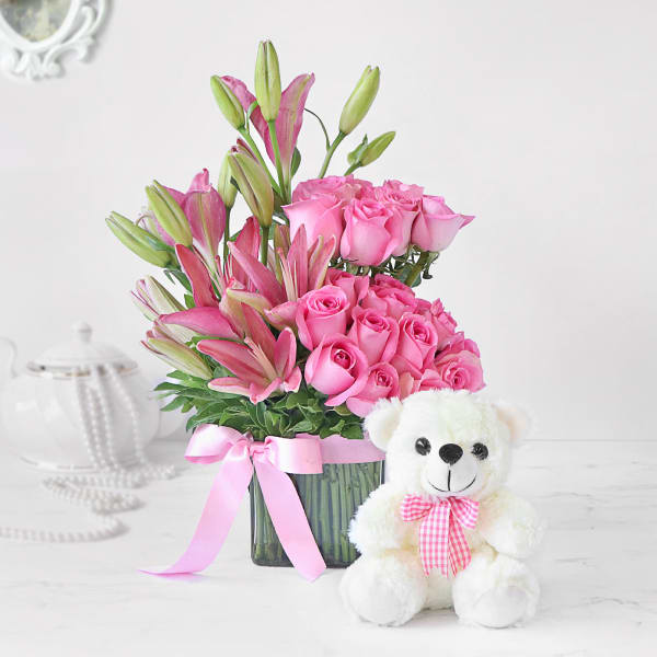 Pink Asiatic Lilies & Roses in Vase Arrangement with Teddy