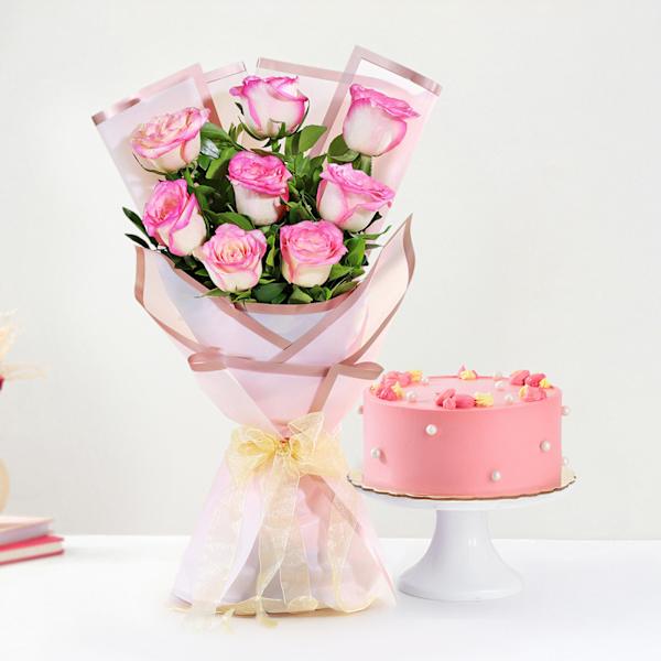 Pink Bliss Cake And Jumilia Rose Bouquet Combo