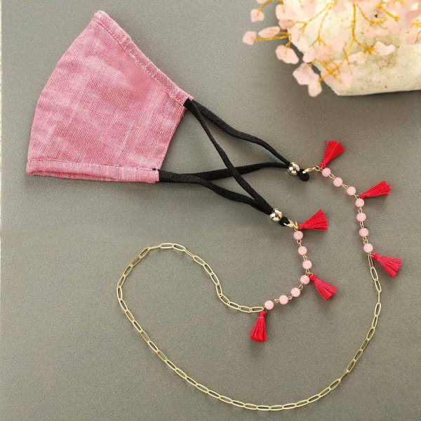 Pink Cotton 3-Ply Mask with Tassels Mask Chain