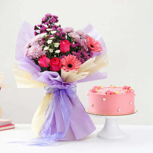 Pink Delight Cake And Elegant Floral Bouquet Combo