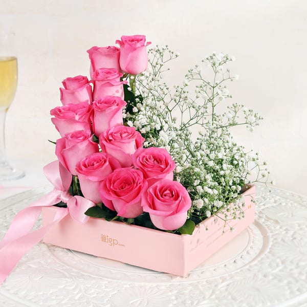 Pink Fiesta Of Roses in a Box