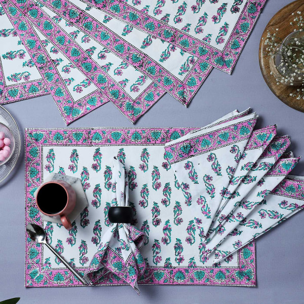 Pink Floral Cotton Placemats And Napkins (Set of 6+6)