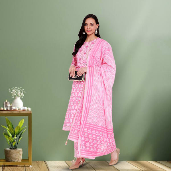 Pink Kurta Pant with Dupatta - Cotton