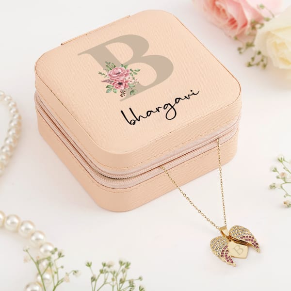Pink Mini Jewellery Organizer With Open Heart Pendant -Personalized