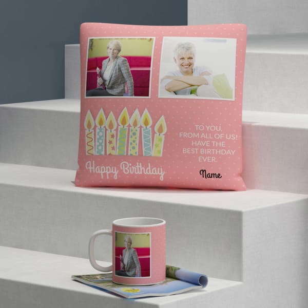 Pink Polka Dots Personalized Birthday Cushion & Mug