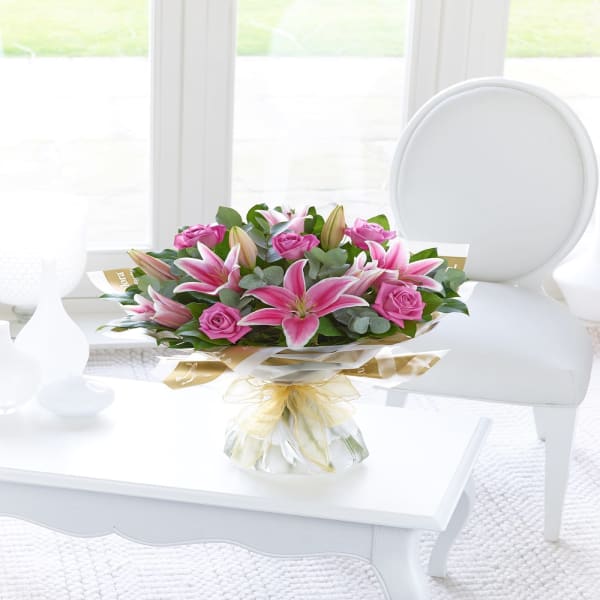 Pink, Rose And Lily Hand Tied