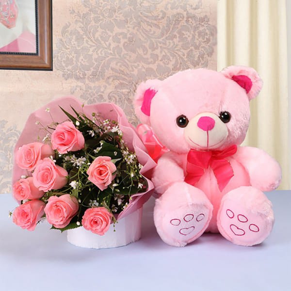 PINK ROSES AND TEDDY BEAR