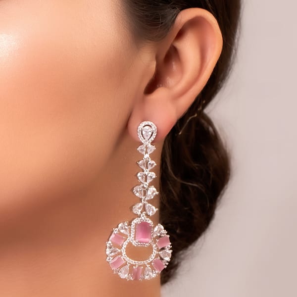 Pink Stone And CZ Pendulum Earrings
