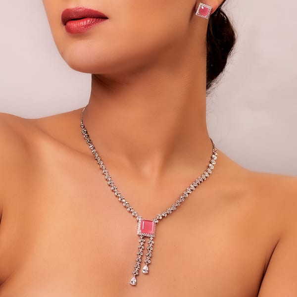 Pink Stone Drop CZ Necklace Set