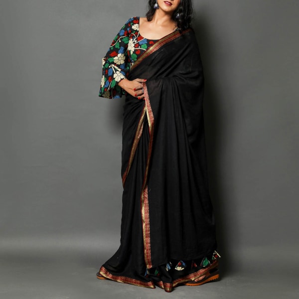 Plain Black Handloom Saree