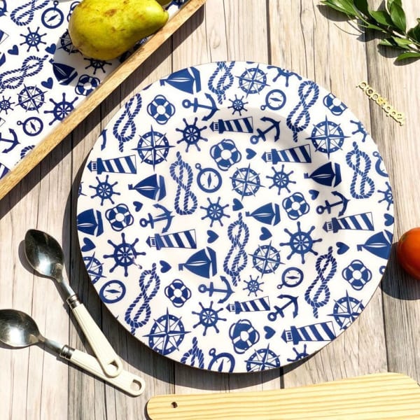 Plate - Wooden - Blue And White - Single Piece