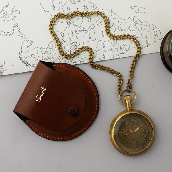 Pocket Watch In Personalized Leather Pouch