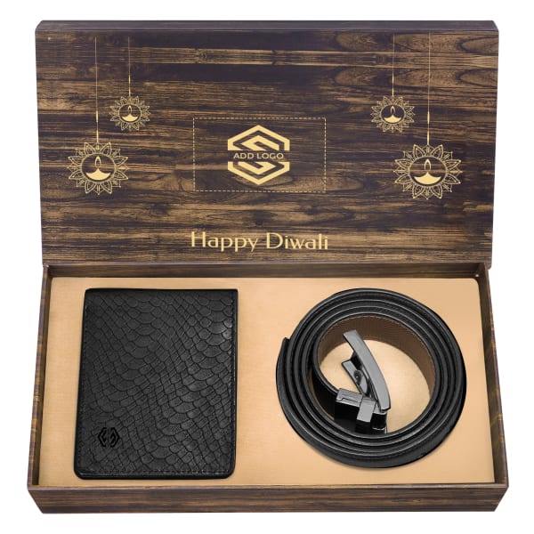 Premium Gift Set of Black Wallet & Belt for Men- Customized with Diwali Theme & Logo