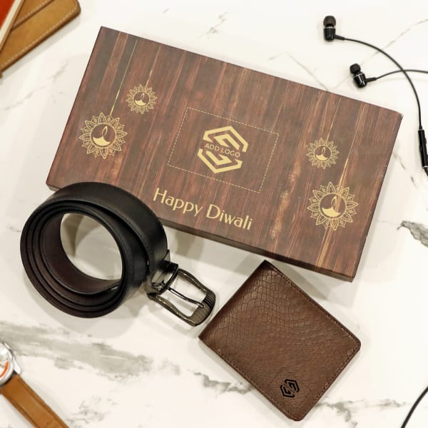 Premium Gift Set of Brown Wallet & Belt for Men- Customized with Diwali Theme & Logo