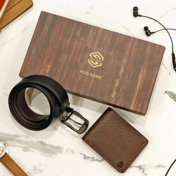 Premium Gift Set of Brown Wallet & Belt for Men- Customized with Logo & Message