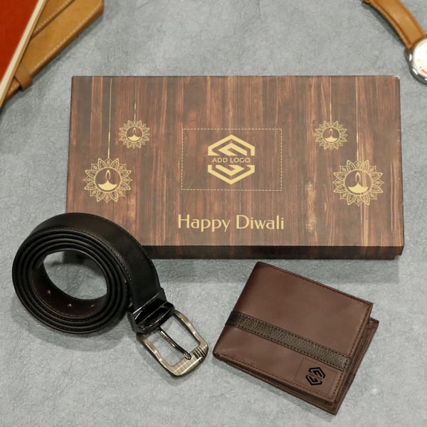 Premium Gift Set of Wallet & Belt for Men- Customized with Diwali Theme & Logo