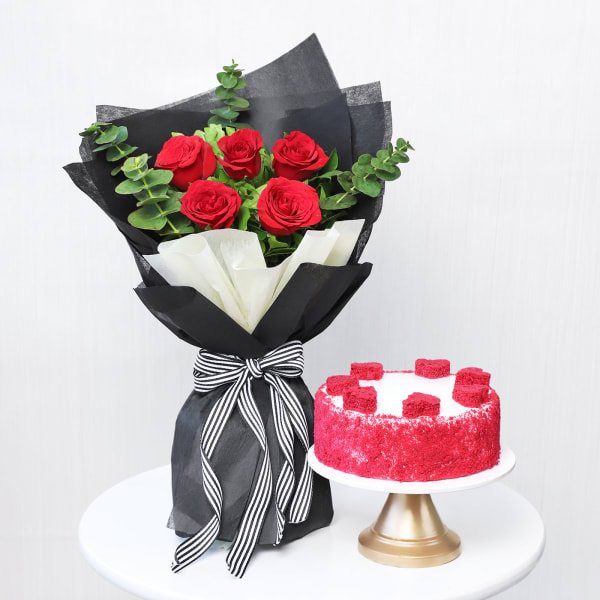 Premium Red Roses Bouquet With Red Velvet Cake