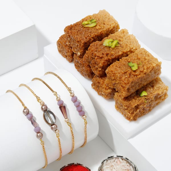 Purple Bracelet Rakhis With Milk Cake Combo
