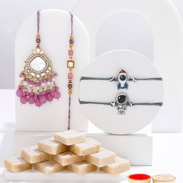 Purple Charm Bhaiya Bhabhi And Kids Rakhi Combo