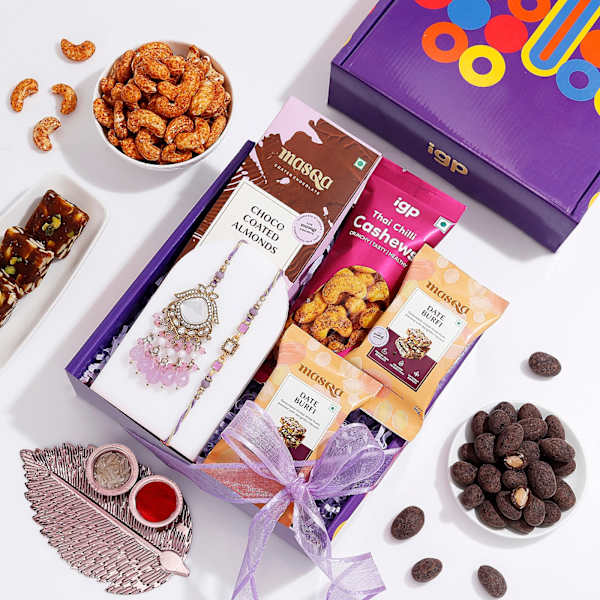 Purple Kundan Bhaiya Bhabhi Rakhi Hamper