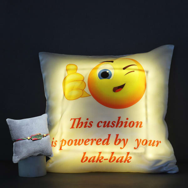 Quirky Meena Rakhi With Fun LED Satin Cushion