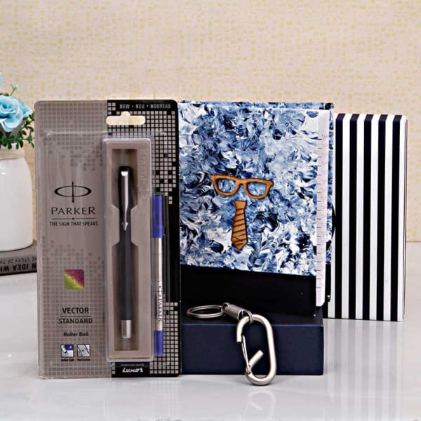 Quirky Print Diary with Parker Pen & Steel Keychain In A Gift Box Gift