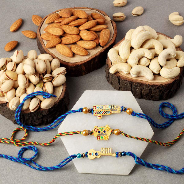 Quirky Rakhi Set Of 3 With Dry Fruits