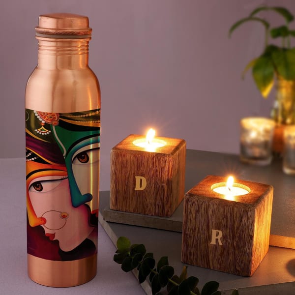 Radha-Krishna Copper Bottle With Personalized Wooden T-Light Holders