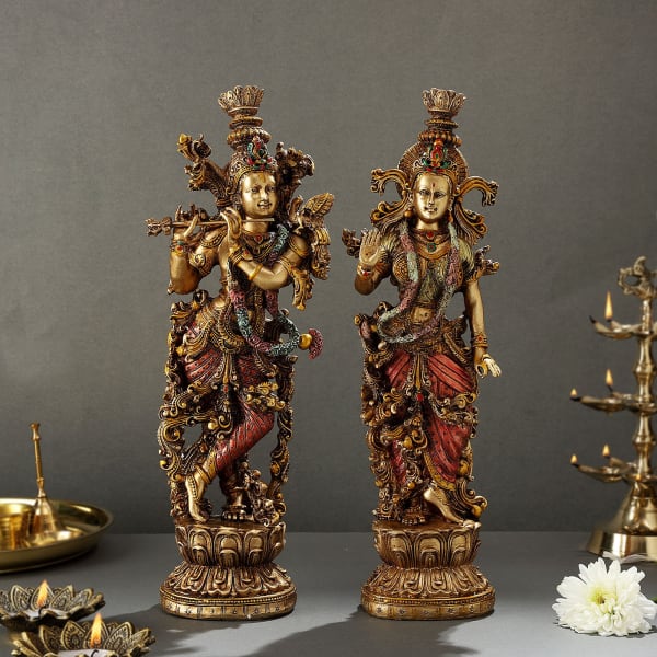 Radha Krishna Gold Toned Hand Painted Idol
