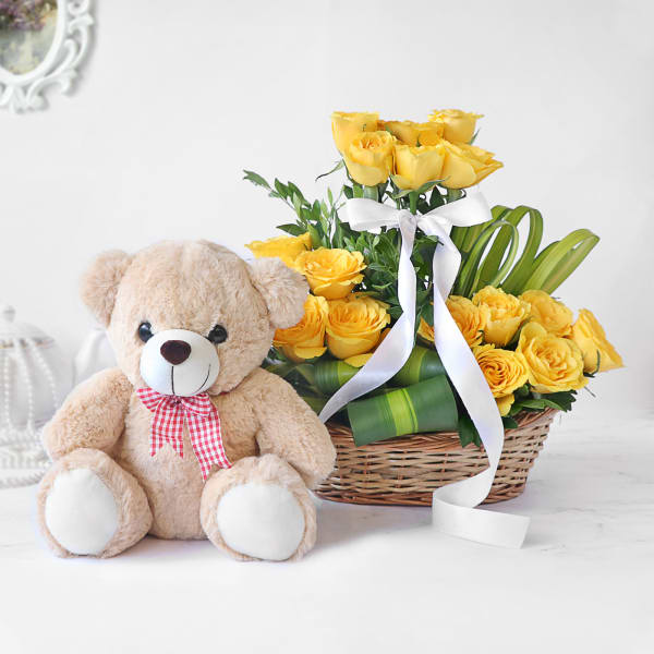 Radiant Yellow Rose Arrangement with Teddy