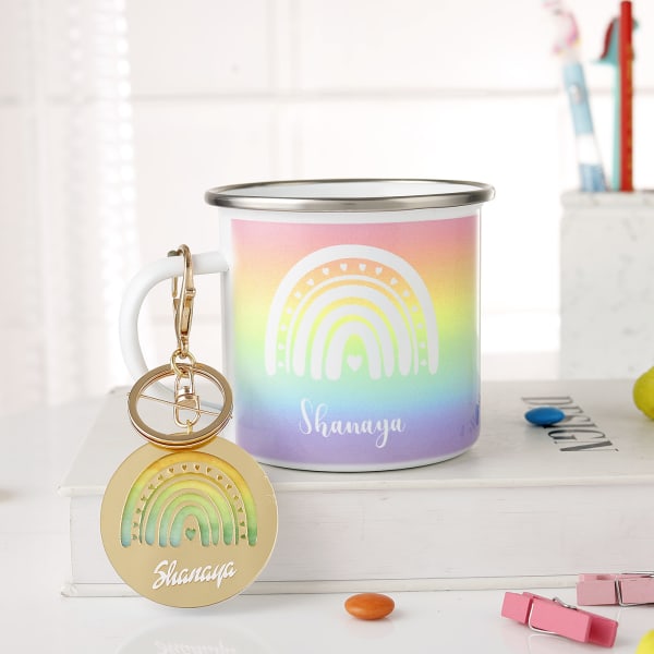 Rainbow Love Personalized Rainbow Enamel Mug And Keychain Combo