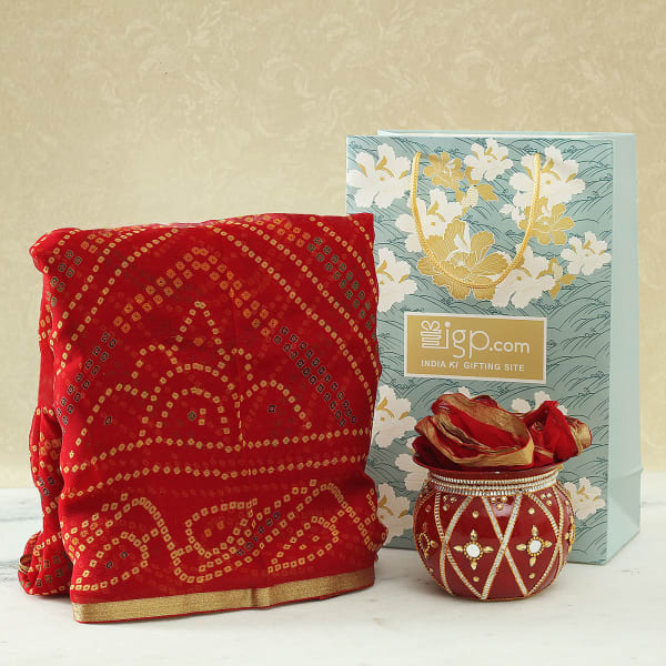 Rajasthani Bandhej Saree With Decorative Karwa Gift Send Karwa Chauth Gifts Online J11101247 Igp Com 100 rajasthani bandhani saree bandhej silk sarees collections gujarati bandhani saree. rajasthani bandhej saree with decorative karwa