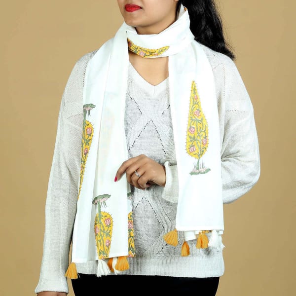Rajasthani Block Printed Cotton Stole with Tassels