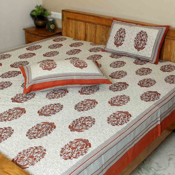 Rajasthani Kalamkari Print Double Bedsheet with Pillow Covers Gift