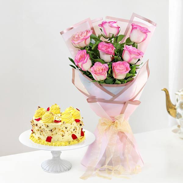 Rasmalai Burst Cake And Rose Bouquet Combo