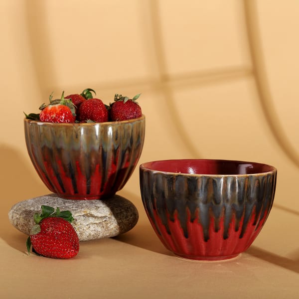 Red And Brown Dual Dipped Ceramic Bowls (Set of 2)