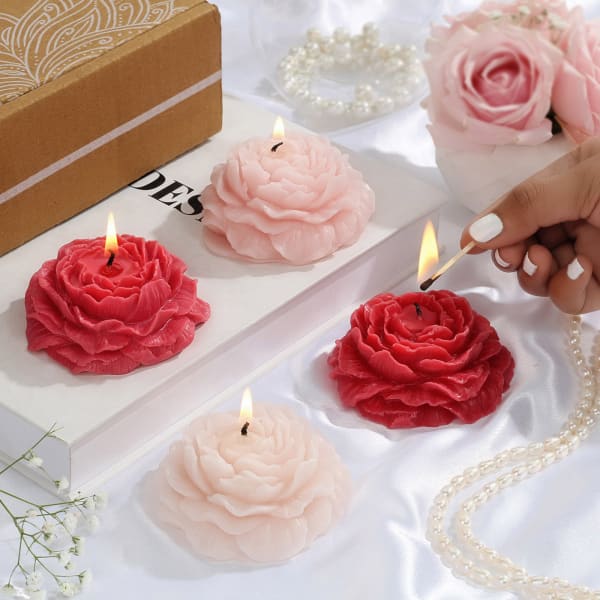 Red And Peach Coloured Rose-Shaped Candles - Set Of 2
