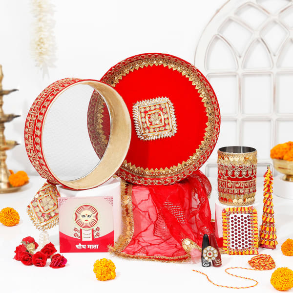 Red Beautifully Embroidered Karwa Chauth Pooja Thali Set