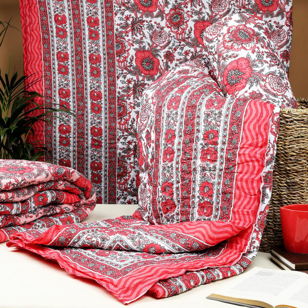Red Floral Jaipur Block Print Double Bed Quilt