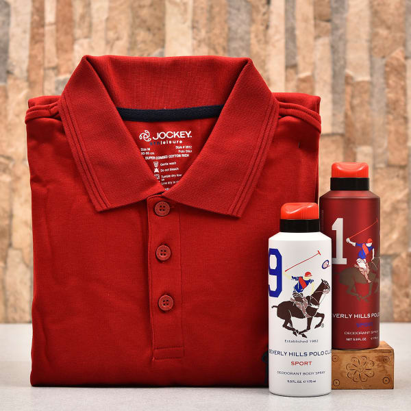 Red Jockey T Shirt With Beverly Hills Polo Club Deodorant Set For Men