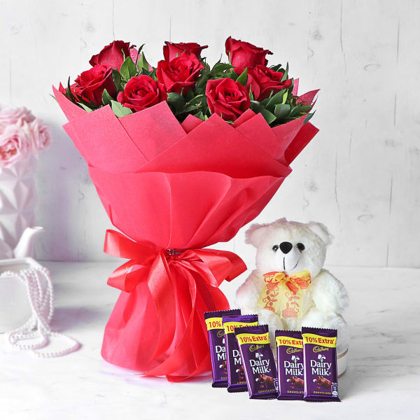 teddy with rose and chocolate