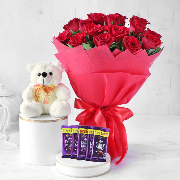 Red Rose Bouquet with Teddy & Cadbury Chocolates