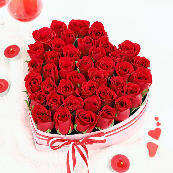 Red Roses in Heart Shaped Gift Box (30 Stems)