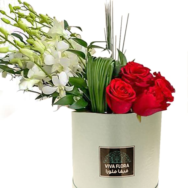 Red Roses with Orchids in Cylinder Box