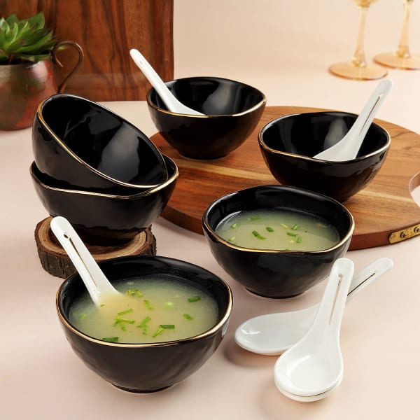 Regal Feast Set of 6 Soup Bowls N Spoons - Black